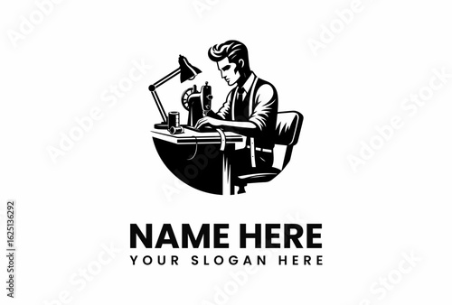 Tailor at Work Man Sewing with Vintage Machine Under Desk Lamp.