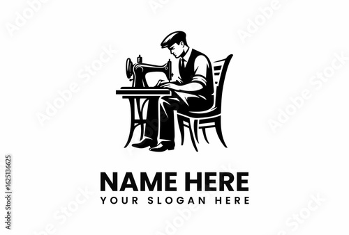 Vintage Tailor Seated at Antique Sewing Machine Logo Design.