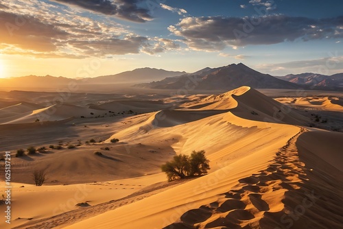 Fototapeta Naklejka Na Ścianę i Meble -  Golden desert sand dunes under dramatic sky golden hour dramatic lighting