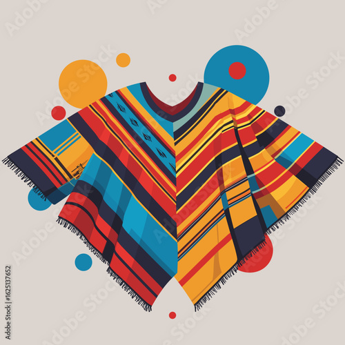 Colorful poncho with geometric patterns on neutral background  