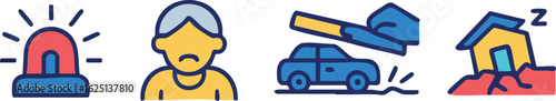 A collection of four colorful icons depicting various disasters and emergencies, such as an alarm, a victim, an accident, and an earthquake.