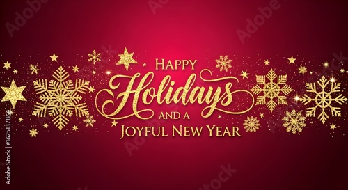 Sparkling Golden Happy Holidays and Joyful New Year Text on Rich Red Background