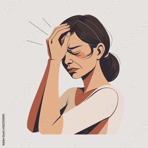 Woman feeling stressed and holding her forehead with eyes closed  