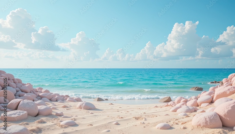 Pastel pink stones on a beach meet a tranquil ocean. Pastel pink stones on a beach meet a tranquil ocean.