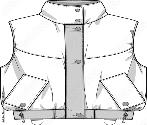  Puffer Vest Flat Vector Illustration, Ideal for Layering in Cold Weather, Featuring a High Collar, Front Buttons, and Functional Pockets