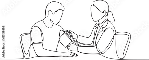 Doctor Examining Patient with Blood Pressure Cuff in Continuous Line Art Style