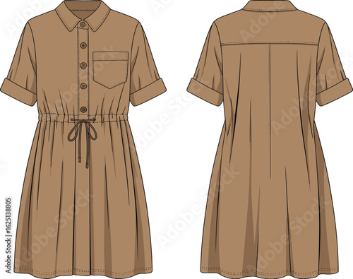 Stylish shirt dress, brown color, rolled sleeves, drawstring waist, front view, back view, CAD drawing, flat sketch, fashion template, vector illustration
