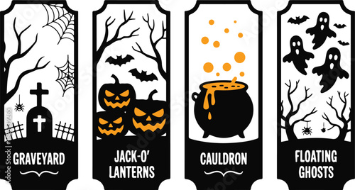 Halloween Decoration Elements with Graveyard, Jack-O'-Lanterns, Cauldron, Ghosts