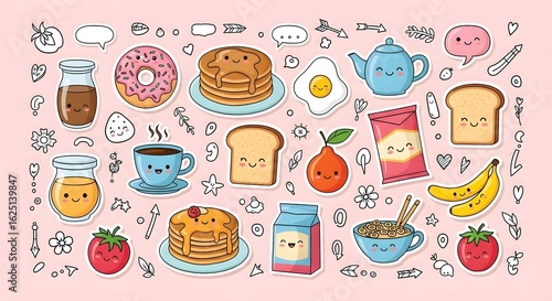 Kawaii Breakfast Food Stickers: Delightful Cartoon Illustration of Cute Food Items