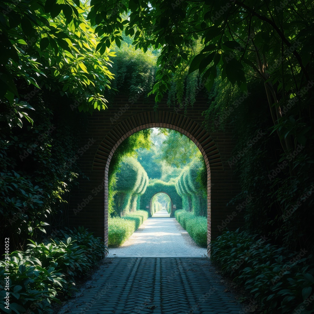Fototapeta premium A view through a brick archway into a garden path with manicured hedges and greenery in the distance