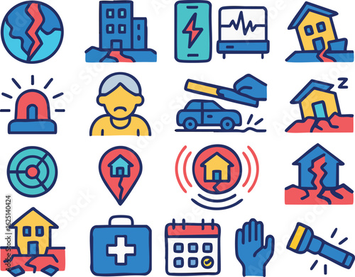 A colorful icon set illustrating earthquake disasters, damage, safety alerts, and emergency preparedness.