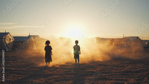 Children Silhouettes in Refugee Camp at Sunset – Cinematic Humanitarian Scene