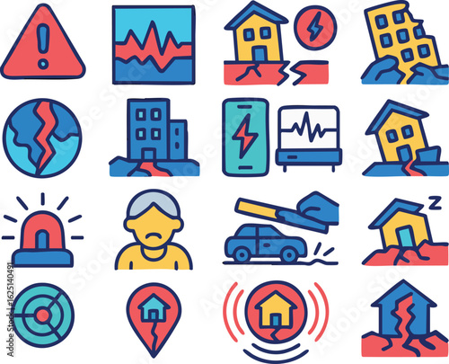A collection of colorful icons illustrating earthquake disasters, seismic activity, and safety alerts.