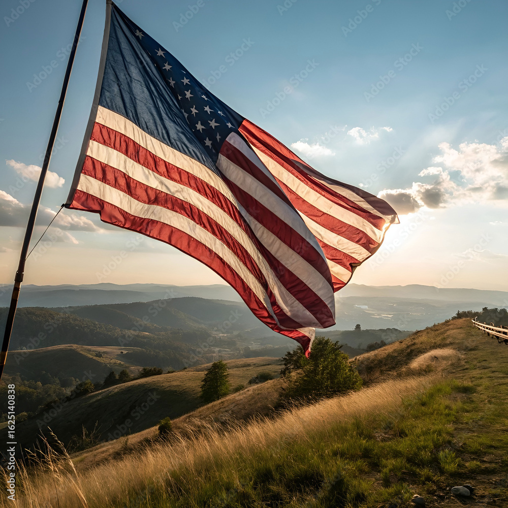Obraz premium Close up of fluttering flag caught in sharp wind on rooftop