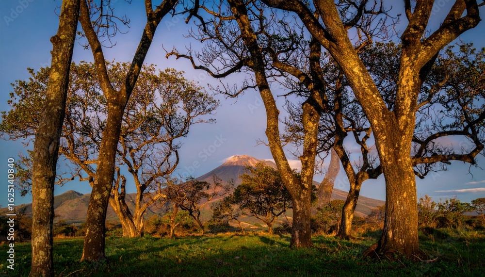 Fototapeta premium Lush trees frame a volcano