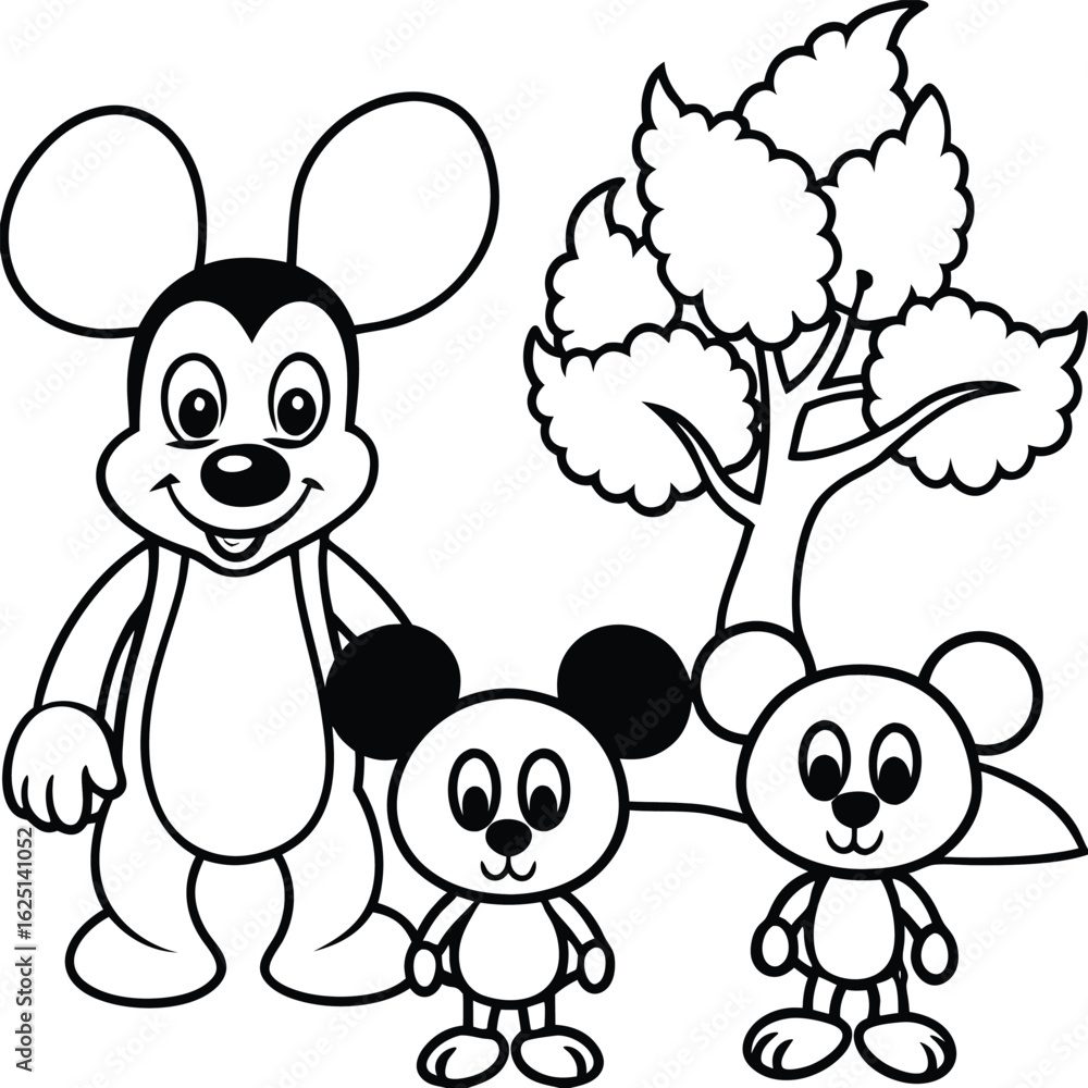Obraz premium Happy cartoon mouse family with a tree in a simple line drawing for coloring