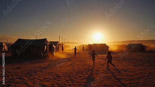 Children Silhouettes in Refugee Camp at Sunset – Cinematic Humanitarian Scene