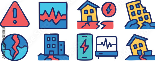 A collection of colorful line icons depicting earthquake themes like seismic activity, damaged buildings, cracked ground, and disaster alerts.