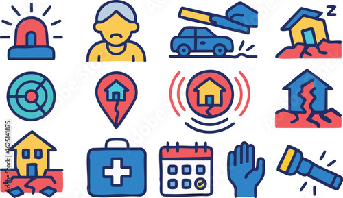 A set of colorful icons illustrating an earthquake disaster, safety warnings, and emergency preparedness supplies.