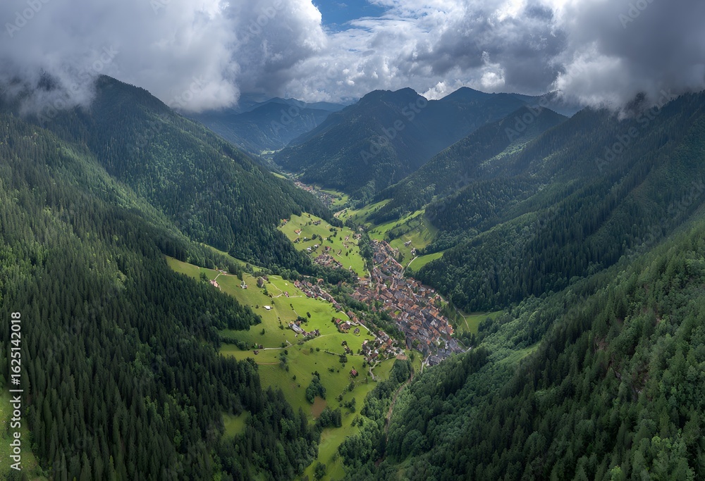 Naklejka premium Serene Mountain Valley with Forest and Cloudy Sky