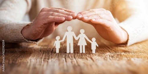 The hands providing protection over a family symbol made of paper cutouts.