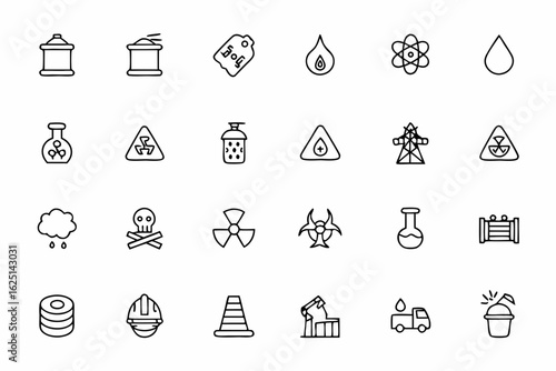 A specialized set of clean line icons for factories, labs, and chemical plants handling waste. Perfect for safety manuals, hazard signs, and environmental risk presentations
