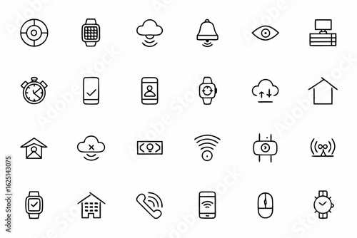 A tech-savvy set of line icons focused on mobile devices and the Internet of Things (IoT) connectivity. Suitable for app interfaces, smart home products, and wearable tech brands