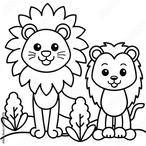 Cute cartoon lions a parent and cub standing and sitting in a simple grassy landscape with plants black and white line art for coloring