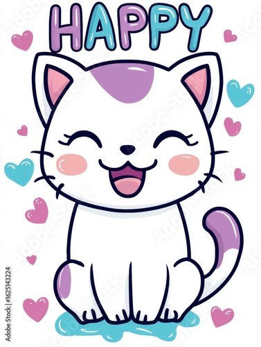 Happy white cat sitting and smiling with hearts around