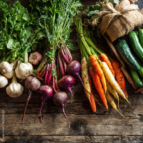 Fresh root vegetables and greens isolated on white background