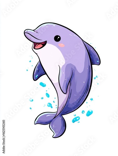 Cartoon illustration of a happy purple dolphin jumping out of the water and making a splash
