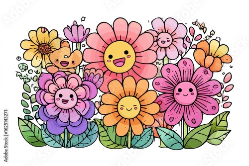 Illustration of Happy Flowers Smiling and Growing Together in a Vibrant Garden