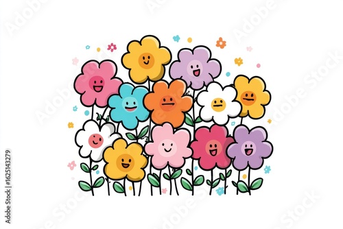 Colorful cartoon flowers showing different emotions growing together