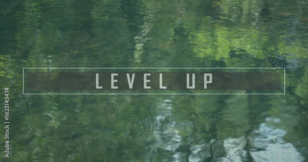 Naklejka premium Floating translucent LEVEL UP banner overlaying green lake water, reflecting forest surroundings