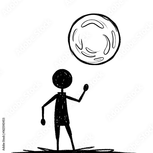 Stylized stick figure reaching towards a textured sphere floating in the air above it in artistic style