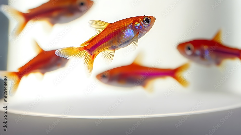 Fototapeta premium Graceful School of Neon Tetra Fish Swimming in a Clean White Tank