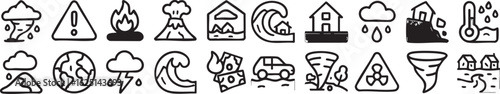 A collection of black line art icons depicting various natural disasters, weather events, and emergency situations like floods, volcanoes, and tornadoes.
