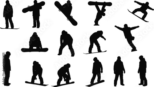 Snowboarder silhouette collection, extreme winter sports vector set, snowboarding poses and tricks, black athlete figures, flat cad vector illustration