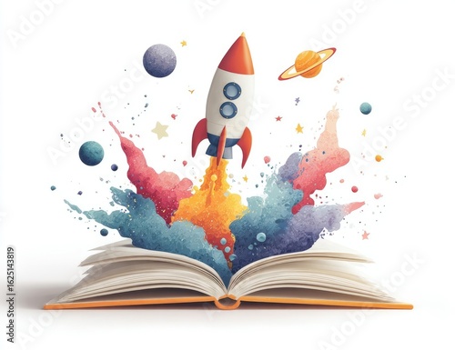 Open book with rocket launch exploding in colorful paint