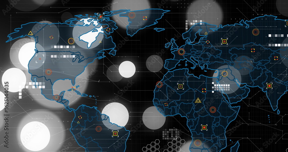 Fototapeta premium Displaying stylized world map outline on digital interface, with layered circles and data markers