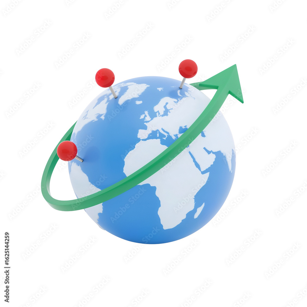 Fototapeta premium Global expansion illustrated with stylized globe pins and encircling growth arrow on transparent