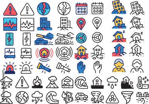 A comprehensive set of icons depicting natural disasters, emergency alerts, and safety preparedness in color and outline styles.