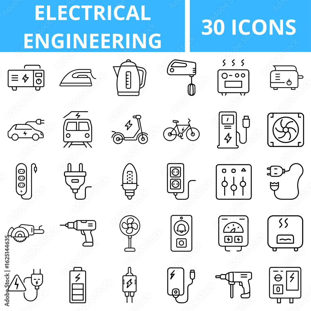 Fototapeta premium Electric Devices and Machines Icon Set – appliances, tools, vehicles, power equipment, black outline, transparent background