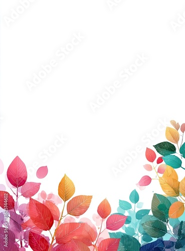 Vibrant, colorful leaves in a corner border against a white background