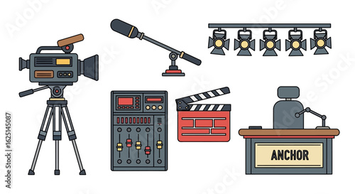 Studio equipment for filming a television show, including a camera, microphone, lights, and audio mixer.