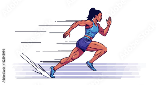 Illustration of a muscular woman sprinting forward with speed lines, showcasing athleticism and motion on a track.