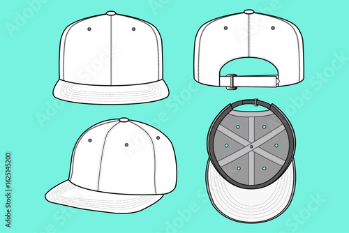 Six Panel Baseball Cap Fashion Flat Sketch Template CAD Mockup Different Views.