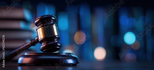 The gavel resting on a wooden block in a dimly lit courtroom setting