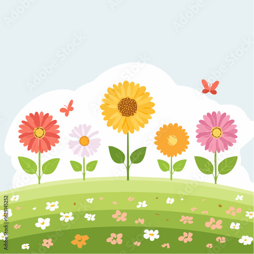 Vibrant flower garden nature scene digital colorful landscape whimsical viewpoint spring concept