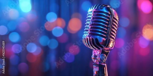 The vintage microphone glistening under colorful stage lights